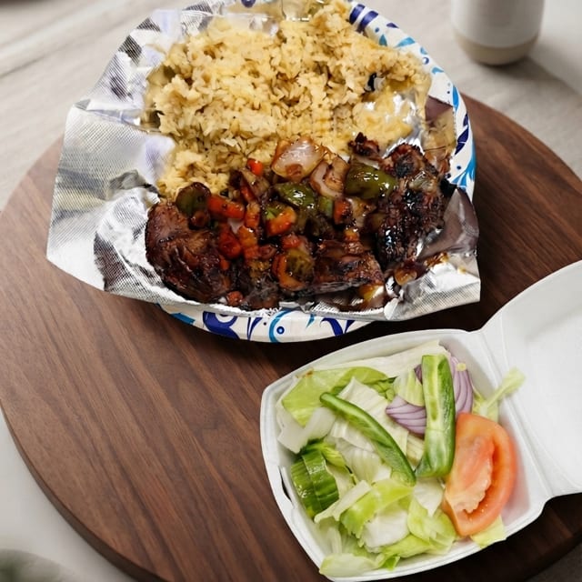 Steak Tips Kabob with Rice Pilaf.