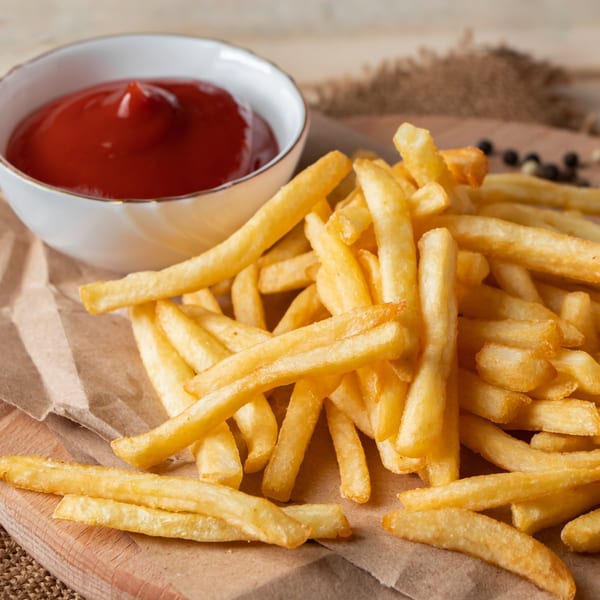 Golden french fries with a side of ketchup in a white bowl on a wooden board.