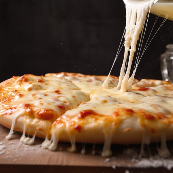 A slice of Auburn House of Pizza's cheese pizza being pulled, stretching the melted cheese.