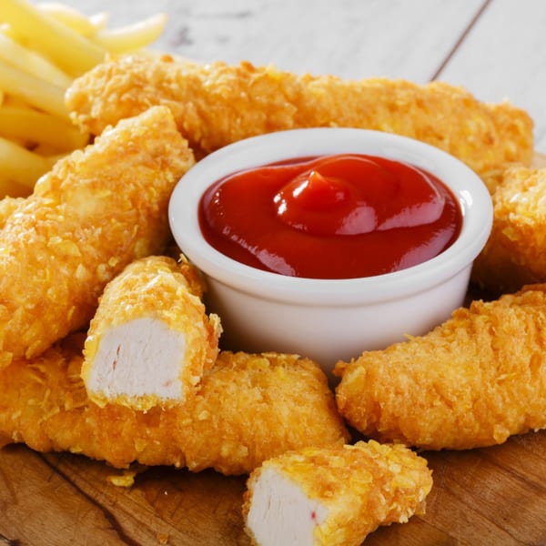 Golden chicken tenders and fries with a side of ketchup on a wooden board.