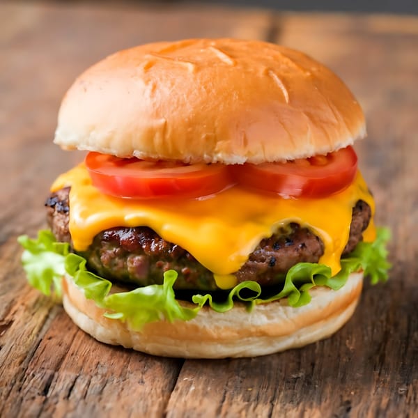 Cheeseburger with melted cheese, lettuce, and tomatoes on a wooden surface.