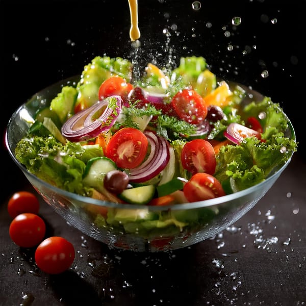 Fresh garden salad with lettuce, tomatoes, onions, and cucumbers, with dressing being poured over it.